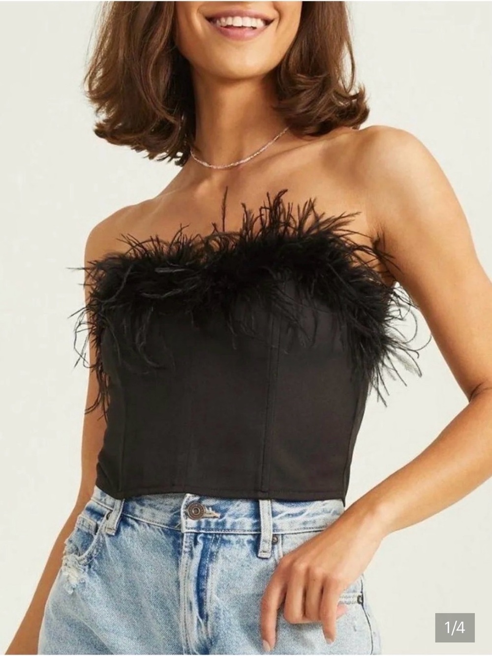 Altar’d State Celeste Feather Trim Corset Top Black